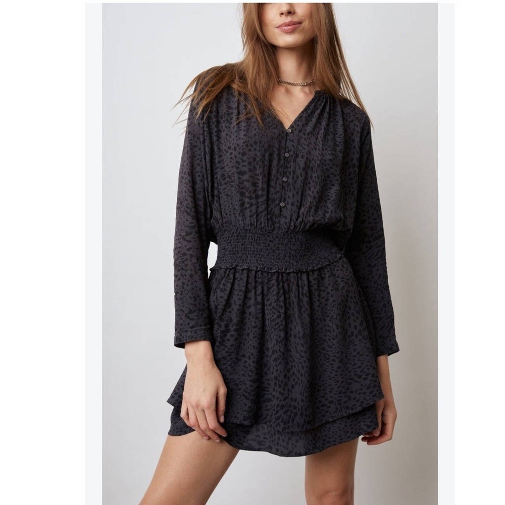 Rails Jasmine Mini Dress Charcoal Grey Black Animal Print Smocked Waist Small